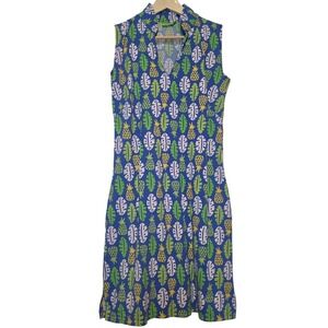 Katherine WAY Pineapple Leaf Print Sleeveless V-Neck Shift Dress Blue Small
